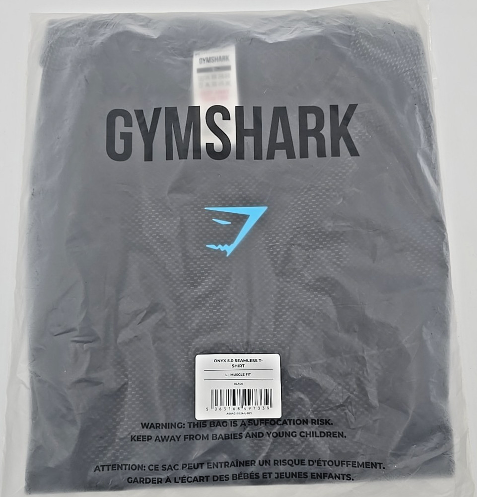 Gymshark Onyx 5.0 Seamless T-Shirt - Black/Onyx Grey Blue Shark Logo - IN HAND L