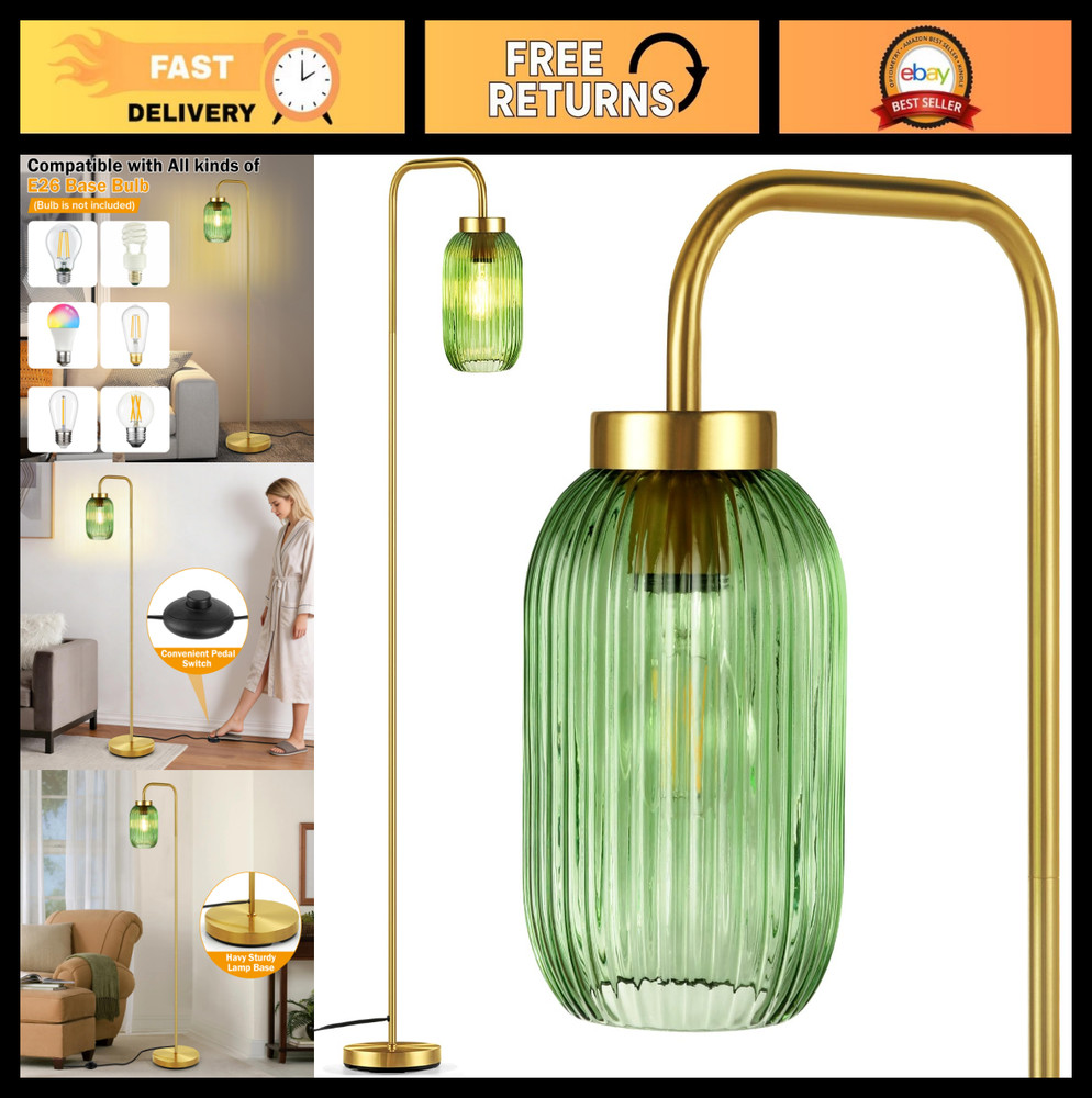 Mid Century Modern Gold Floor Lamp, Green Ribbed Glass Shade, Vintage Style, Foo