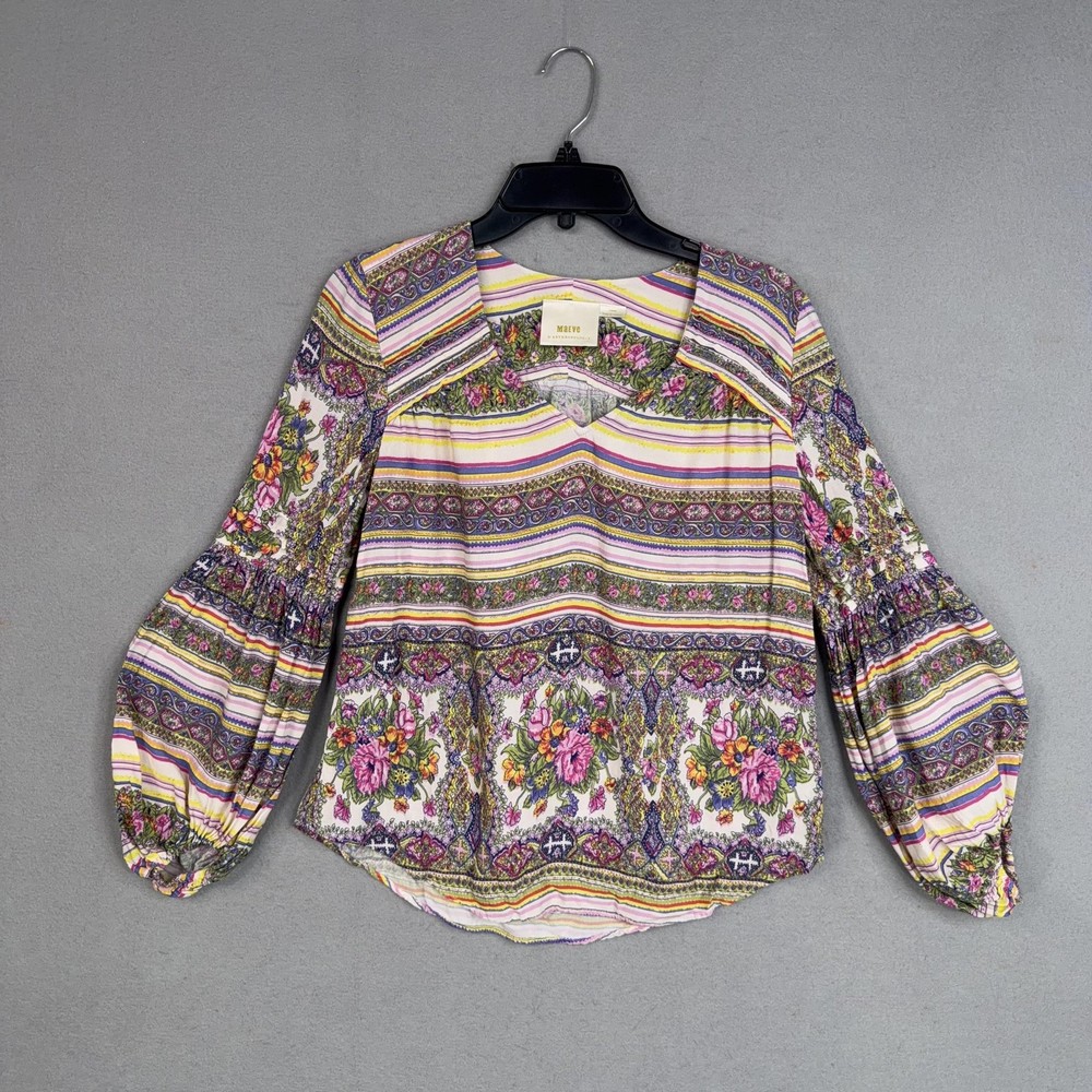 Maeve Blouse Womens Large Colorful Floral Print Boho Balloon Sleeve Peasant