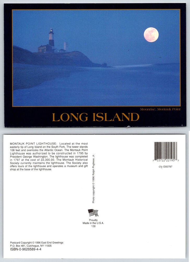 Long Island New York MONTAUK POINT LIGHTHOUSE AT MOONRISE Postcard V32