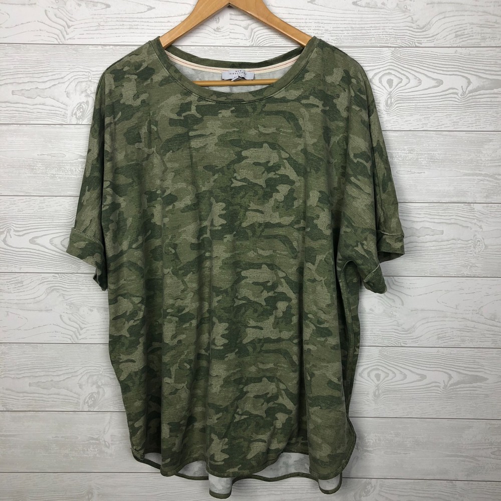 New Directions Studio Women's Camo Short Sleeve Tee Shirt Scoop Neck Green 3X