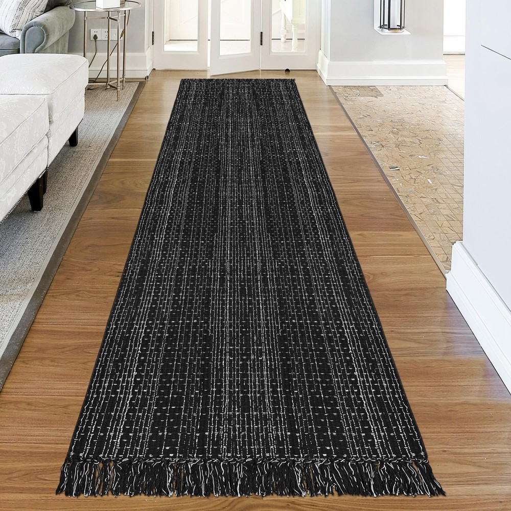 Black and White Striped Long Hallway Runner Rug with Tassels 3x10 Washable