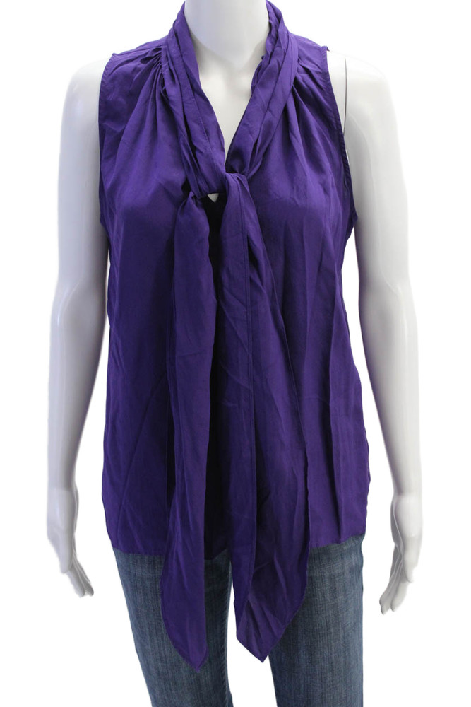 Derek Lam Women's V-Neck Sleeveless Built-In Scarf Silk Blouse Purple Size SFree Shipping in US $100+ Orders | $6.95 Orders Below