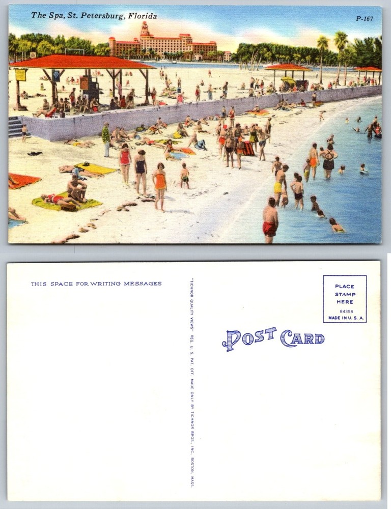 Vintage Linen Postcard The Spa St. Petersburg Florida Beach Scene 1940s 50s
