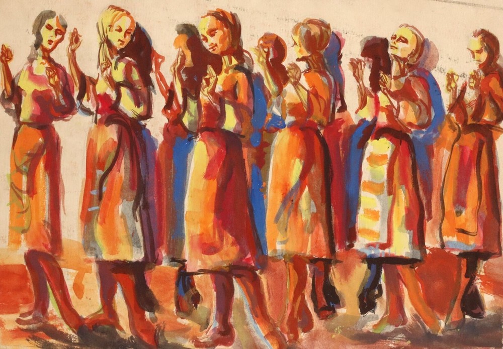 Antique gouache painting women figures