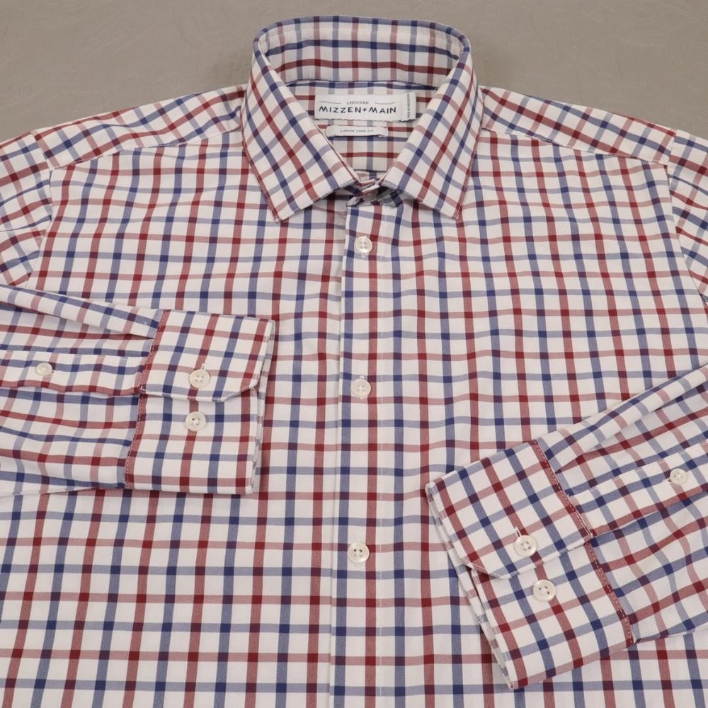 Mizzen+Main Shirt Mens Large White Red Blue Check Long Sleeve Leeward Trim