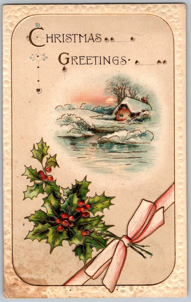 Antique Postcard Holly Cottage Winter Scene 1910s