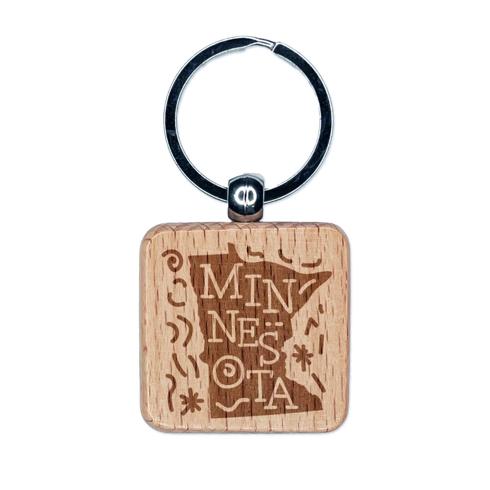 Minnesota State with Text Swirls Engraved Wood Square Keychain Tag Charm