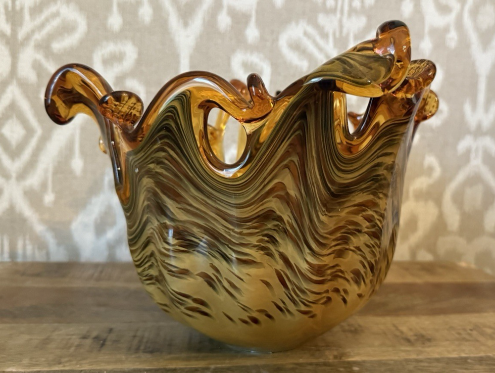 Murano White Cristal Art Glass Bowl Italy Amber Swirl Ruffled Mid Century 10.5”