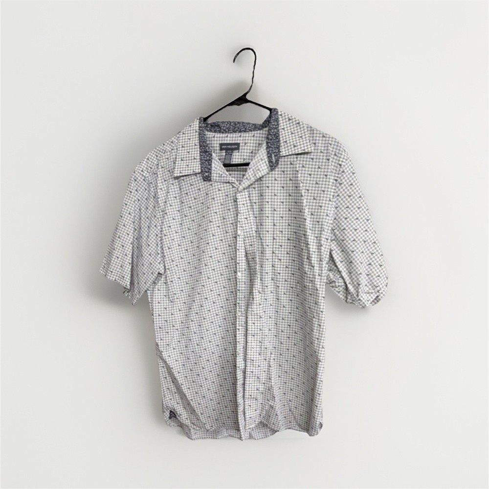 Van Heusen Men's Plaid Short Sleeve Button-Up Shirt Gray Blue Size L 16-16½