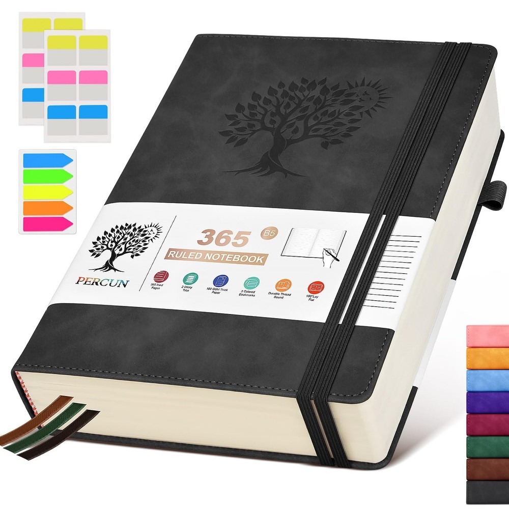 PERCUN B5 Lined Journal Notebook - 365 Page Large Leather Journals B5, Black