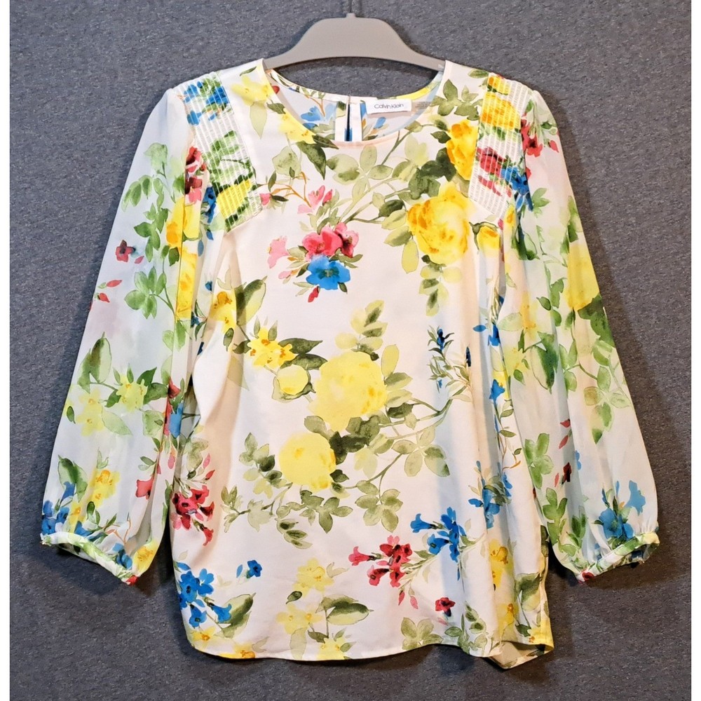 Calvin Klein Floral Print Blouse Women's Size Medium White Blue Yellow Green