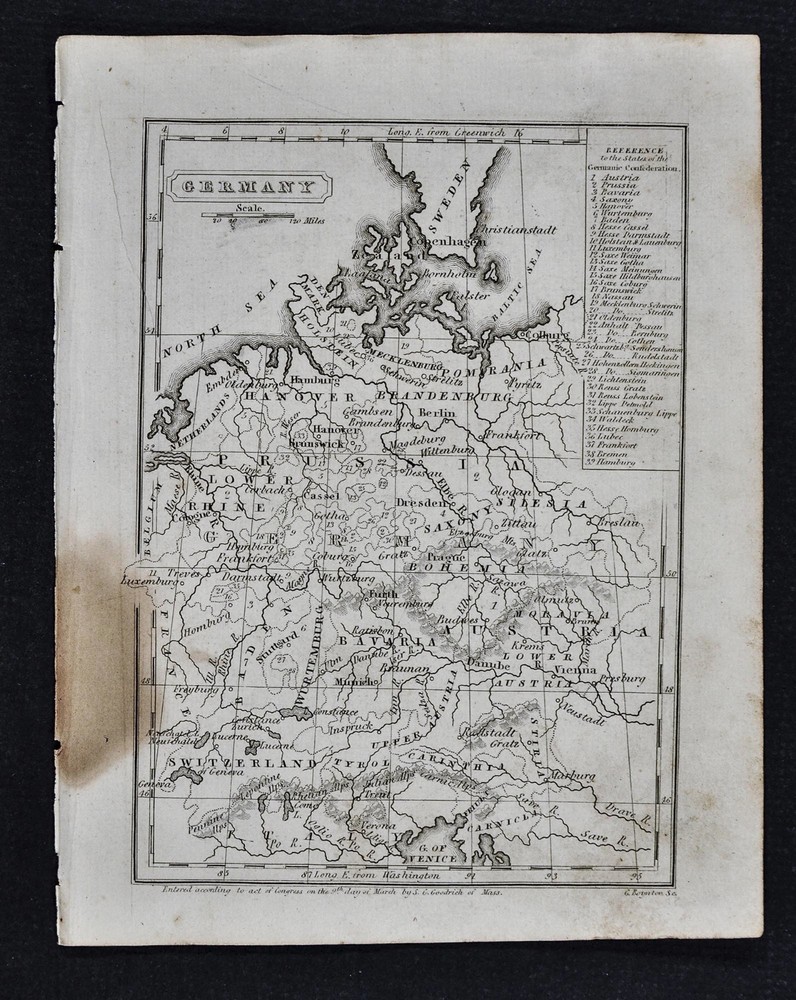 1839 Boynton Map Germany Prussia Bavaria Austria Switzerland Europe Antique