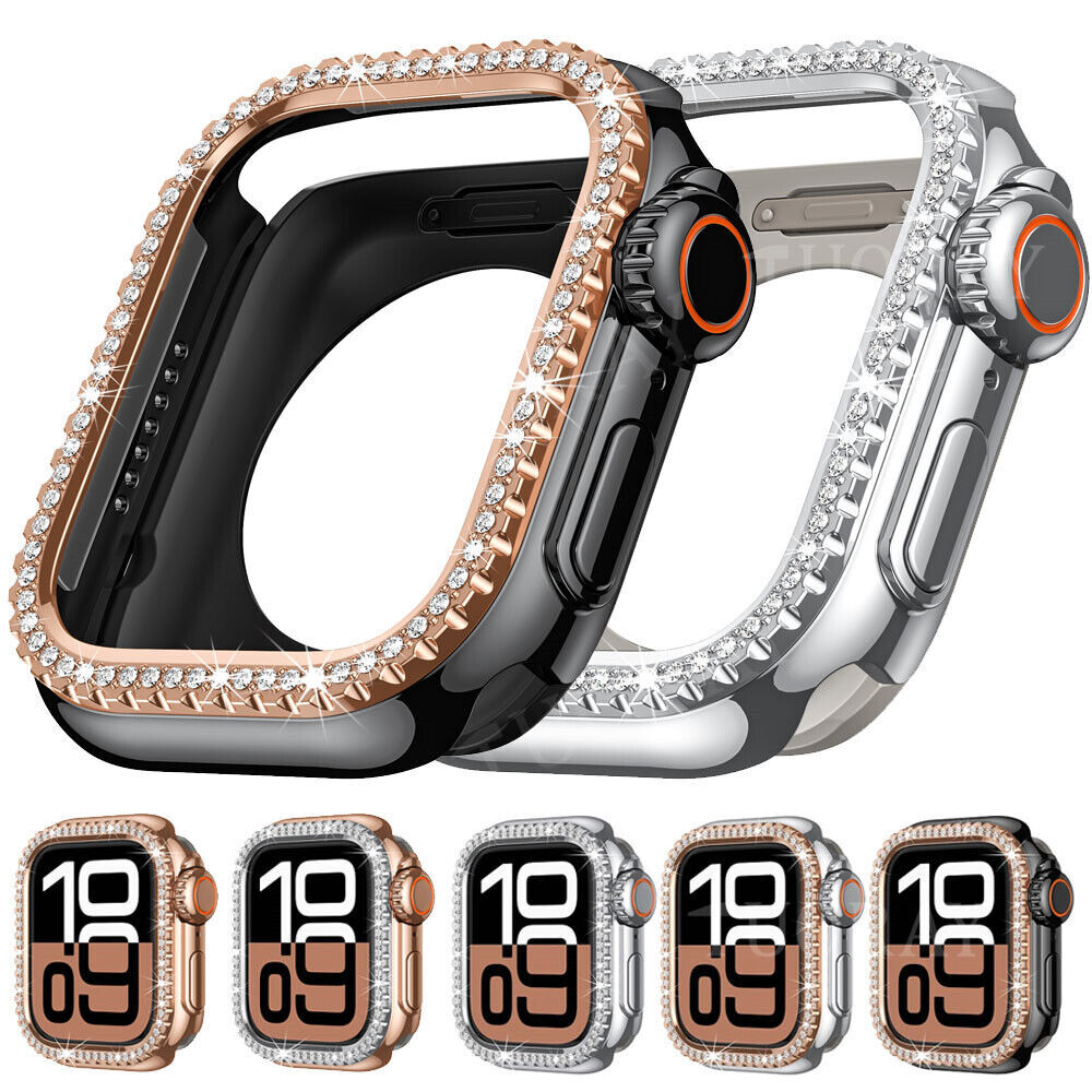 For Apple Watch Series 9 8 7 6 5 4 44 45mm Alloy+PC Diamond Bling Protector Case