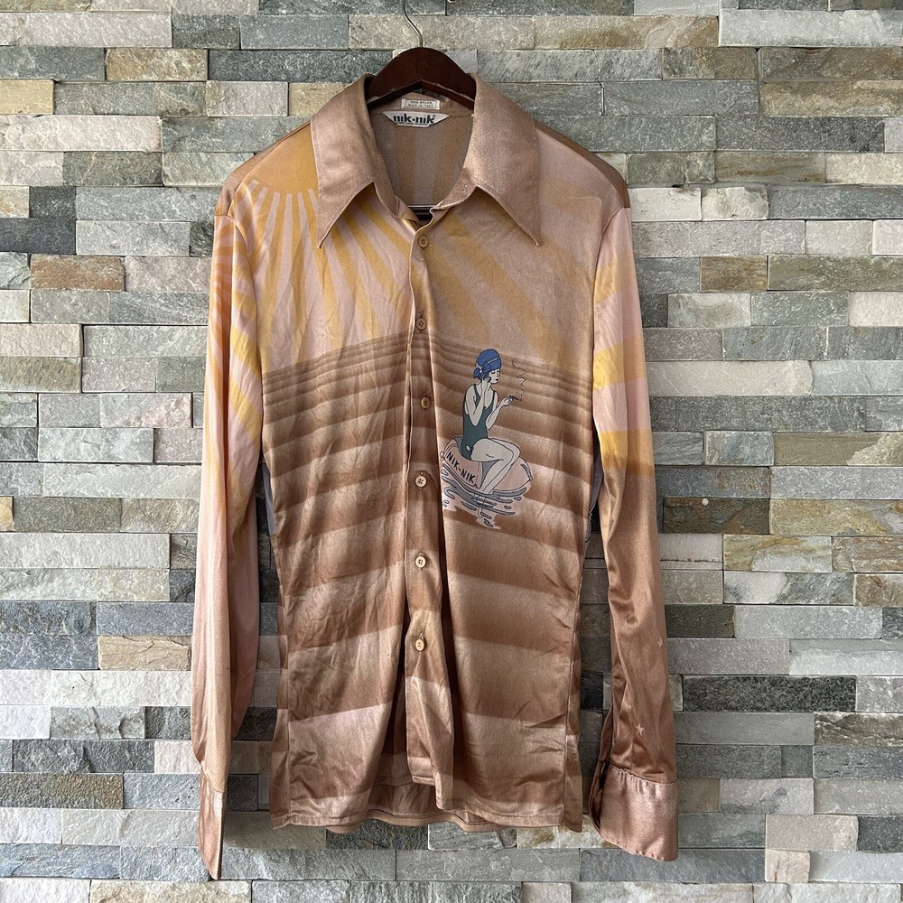 Vintage 70s Nik Nik Art Deco Nylon Disco Shirt Mens Large Italy Button Up