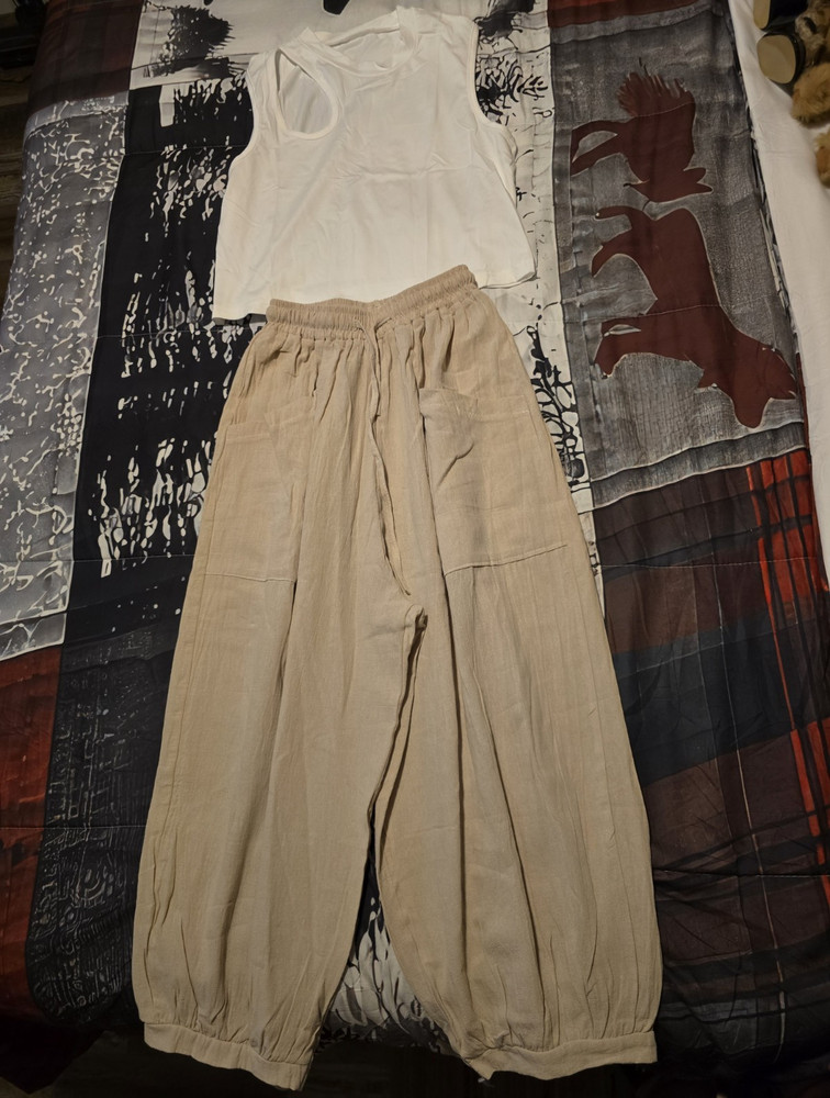 Women's Sleeveless Linen Blend Top & Beige Wide-Leg Pants Set, Size 10