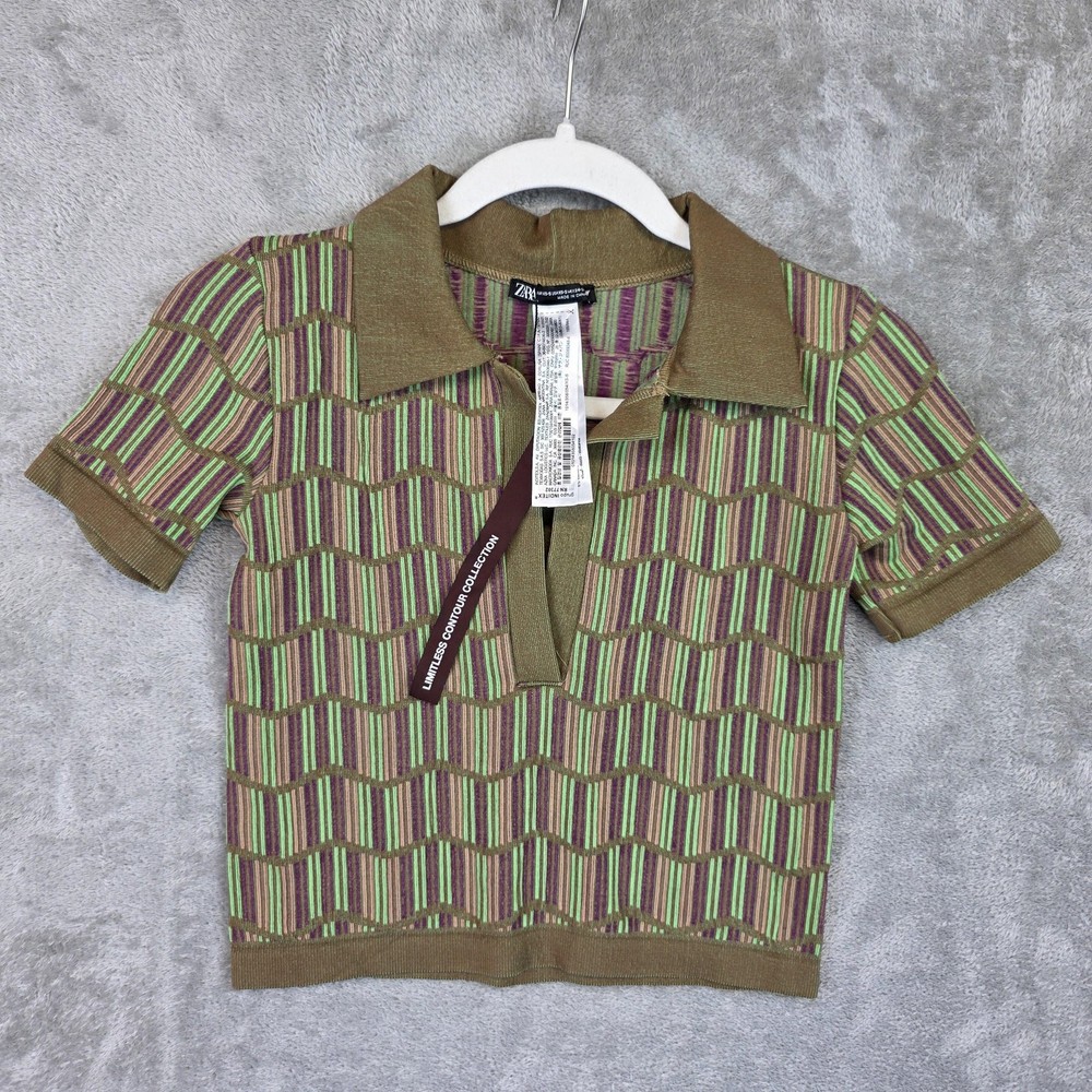 Zara Polo Shirt Womens XS-S Green Collared Short Sleeve Cropped Knit Striped