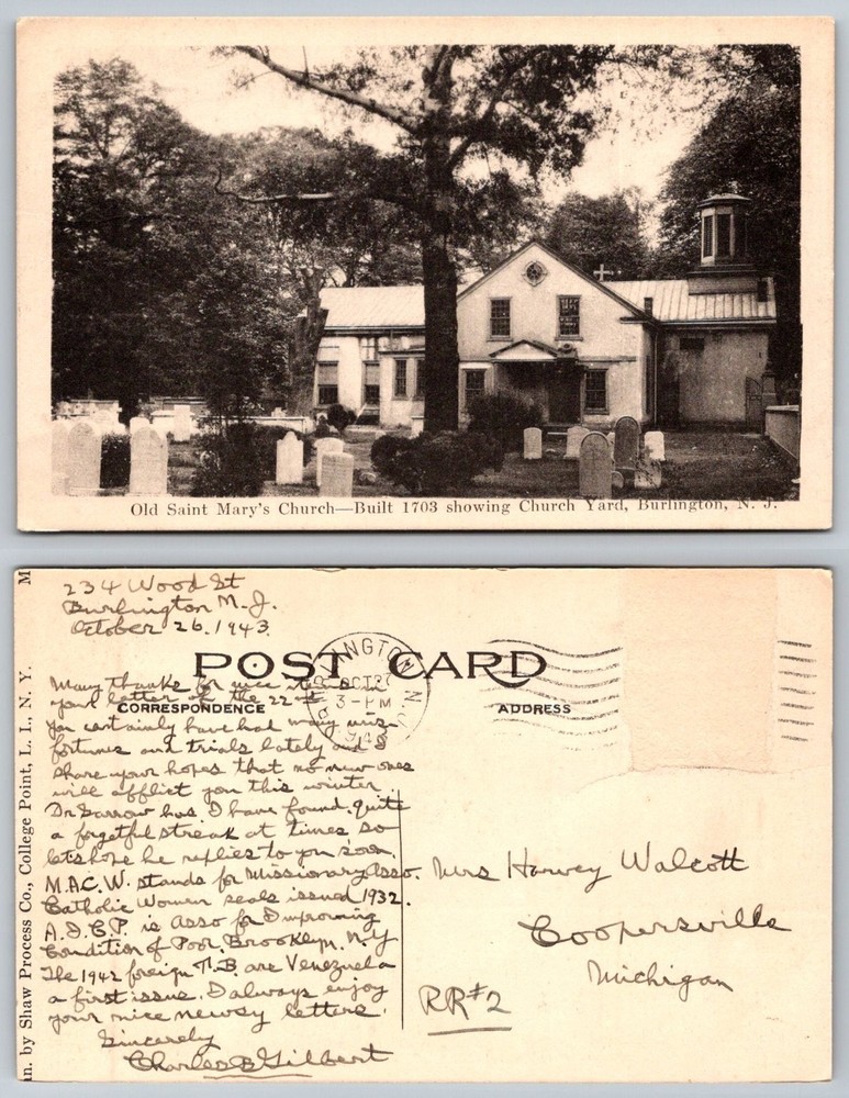 Old Saint Mary's Church Burlington NJ 1943 RPPC Postcard Church Yard
