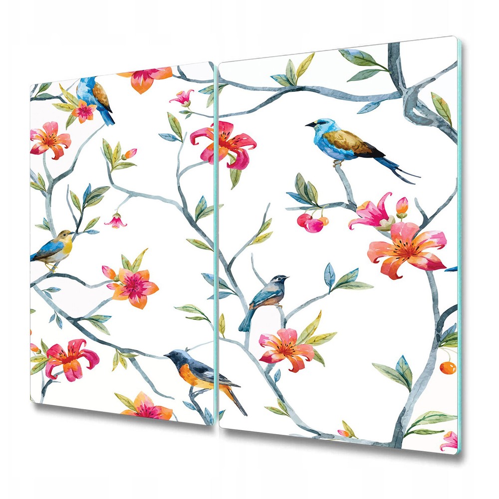 Glass Chopping Board Worktop Saver Spring Birds and flowers Watercolour painting