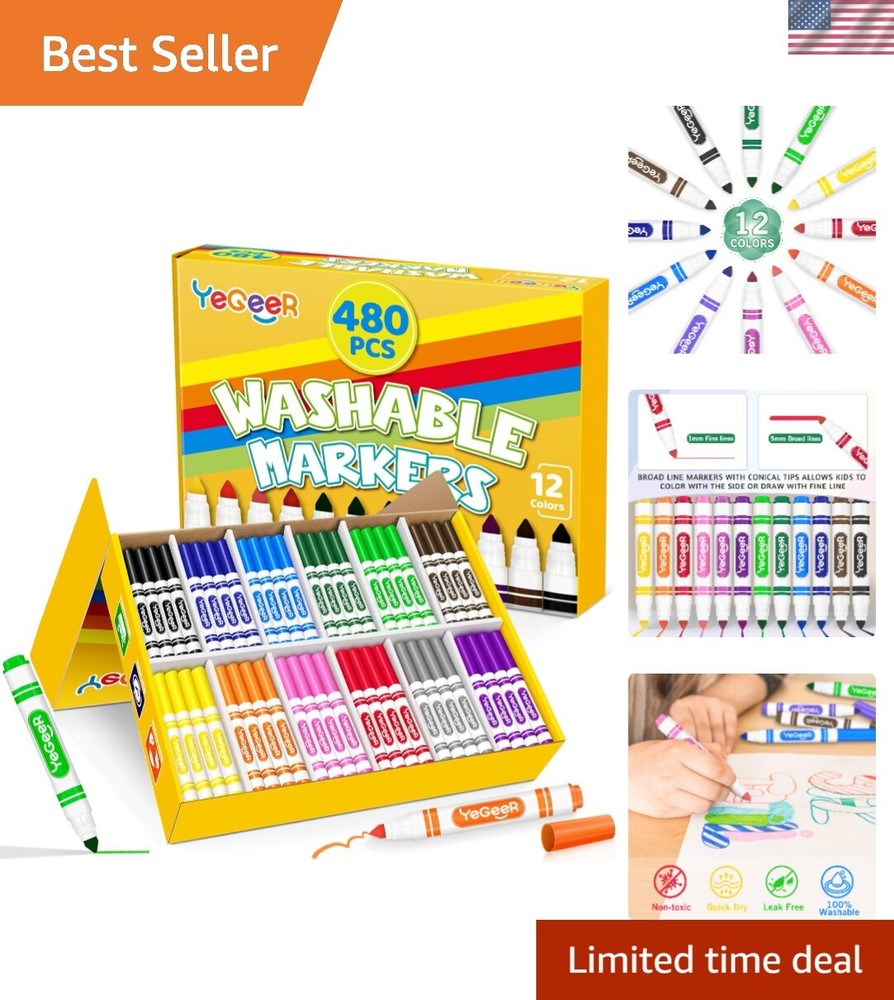 Washable Markers Bulk Pack 12 Colors 480 Count Non Toxic Safe for Kids Art School Classroom