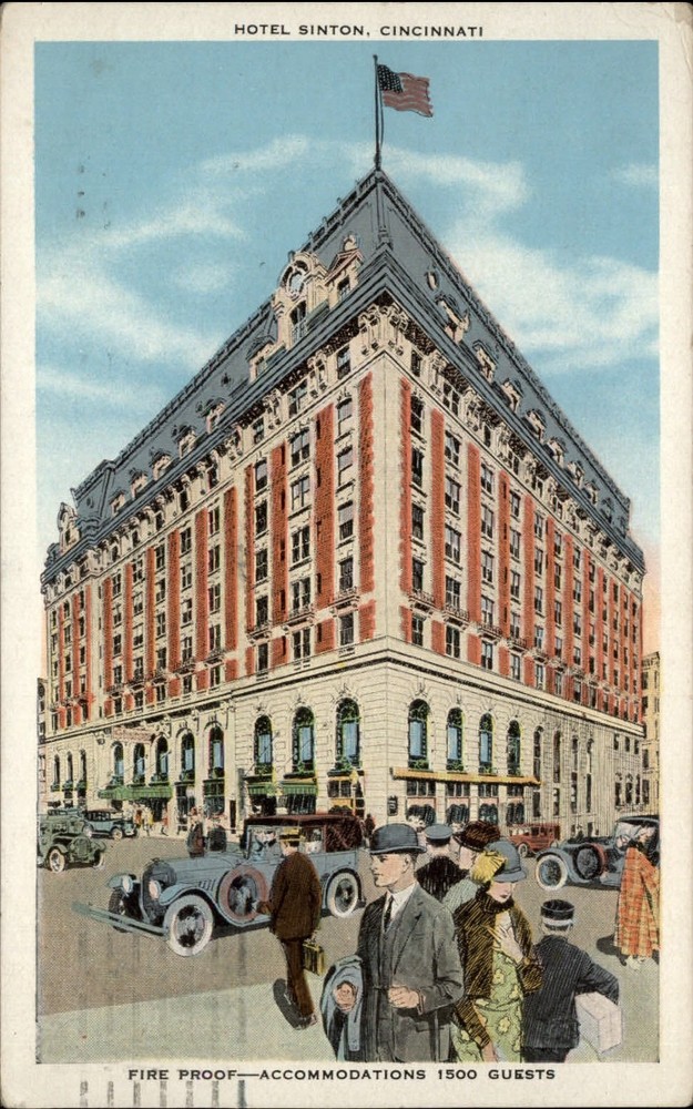 Cincinnati Ohio Hotel Sinton 1920s cars men women's fashion mailed 1930 postcard