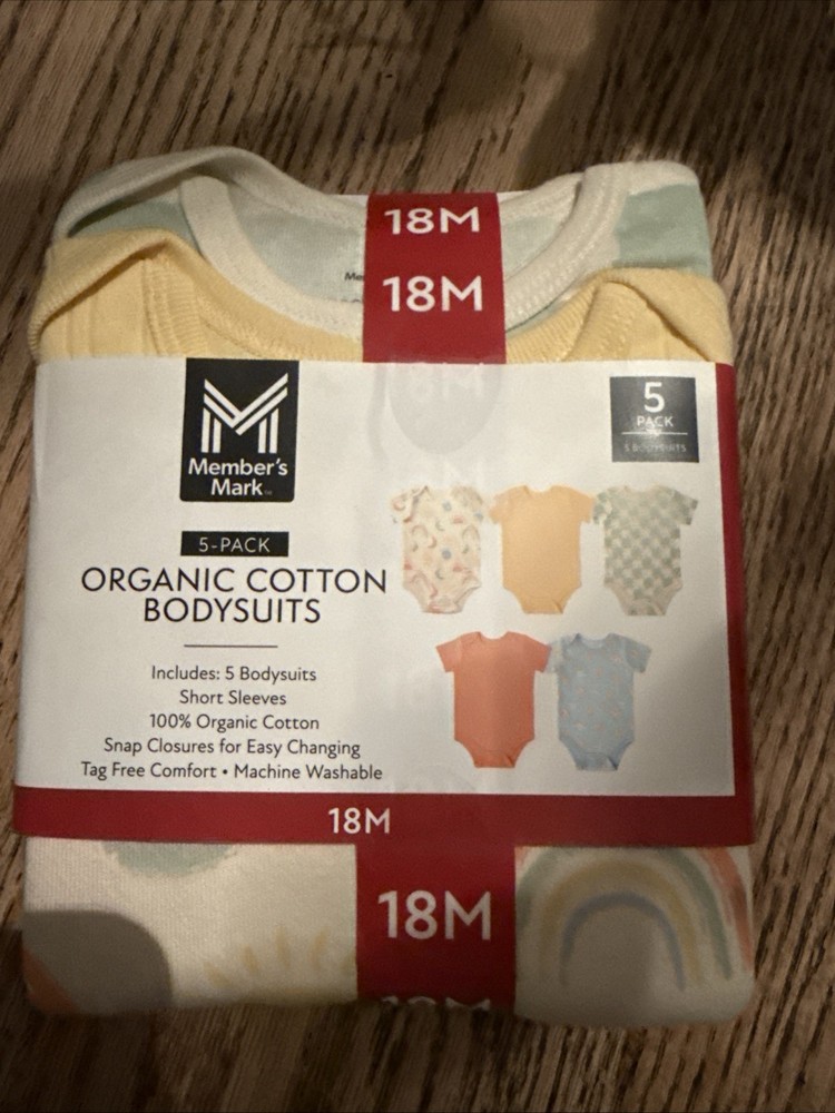 Member's Mark Baby 5-Pack Short Sleeve 100% Organic Cotton Bodysuit 18 Months