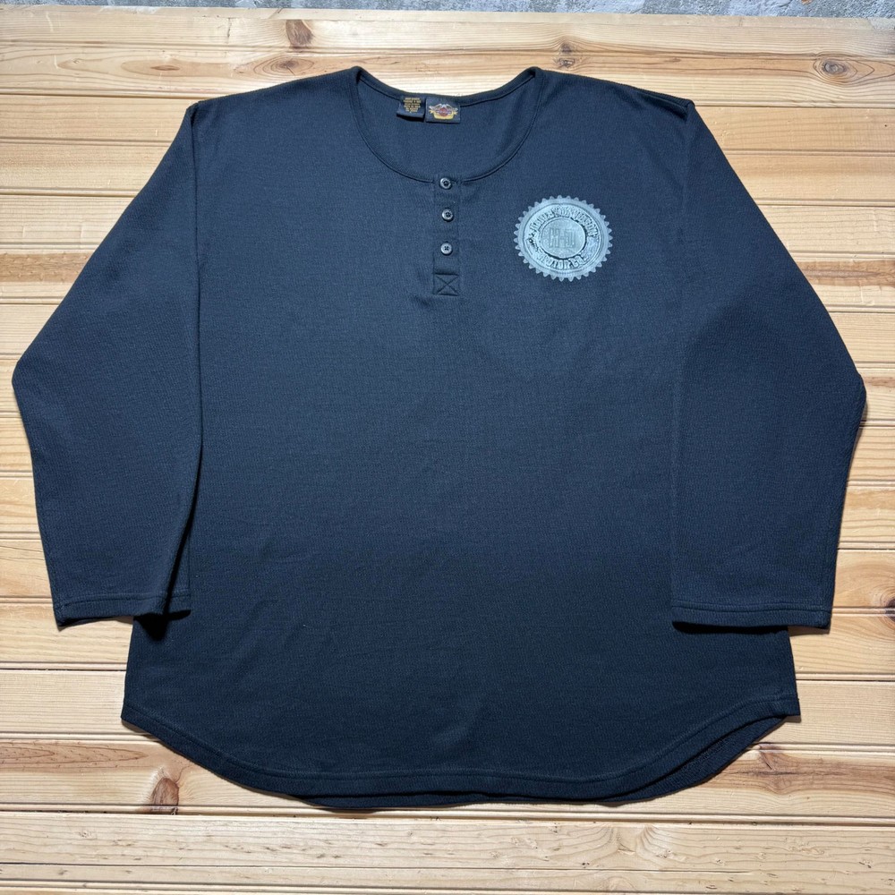 Vintage Y2K Harley Davidson Thermal Henley Classic Biker Long Sleeve Shirt Large