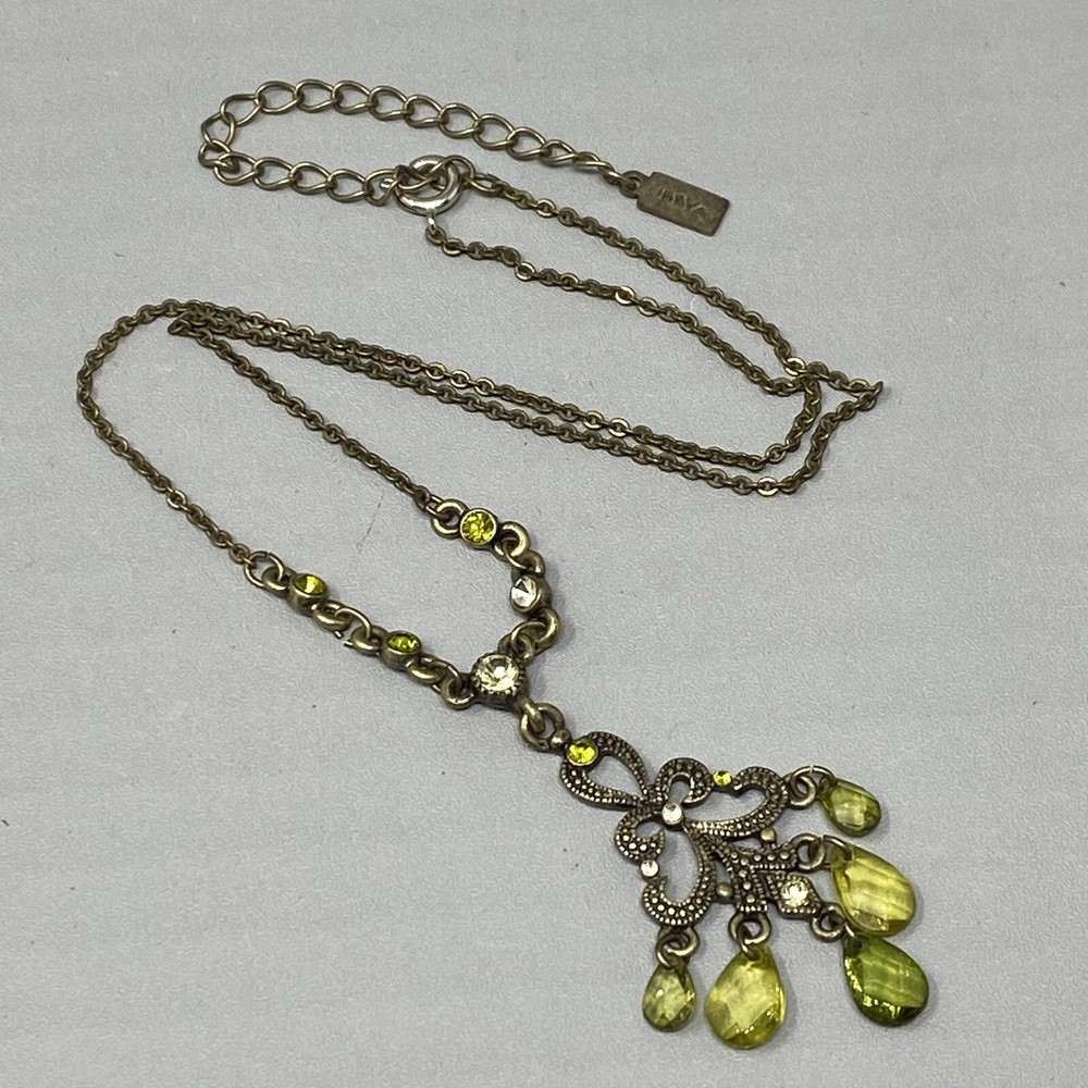 1928 Y Drop Necklace Lime Green Beads Rhinestones Victorian Scroll Pendant 19