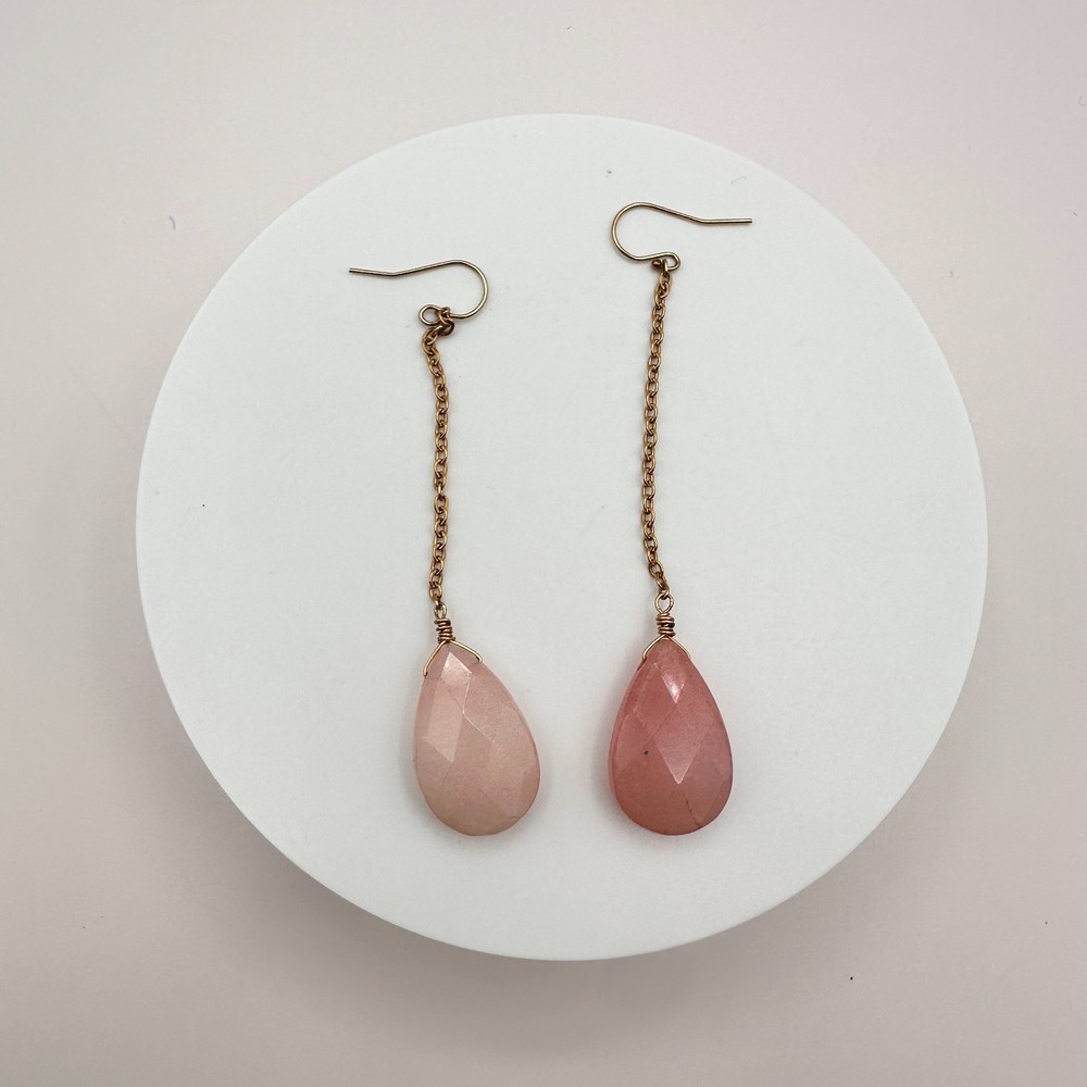 Vintage 90s Pink Quartz Teardrop Dangle Earrings Gold Tone Boho Chain Jewelry