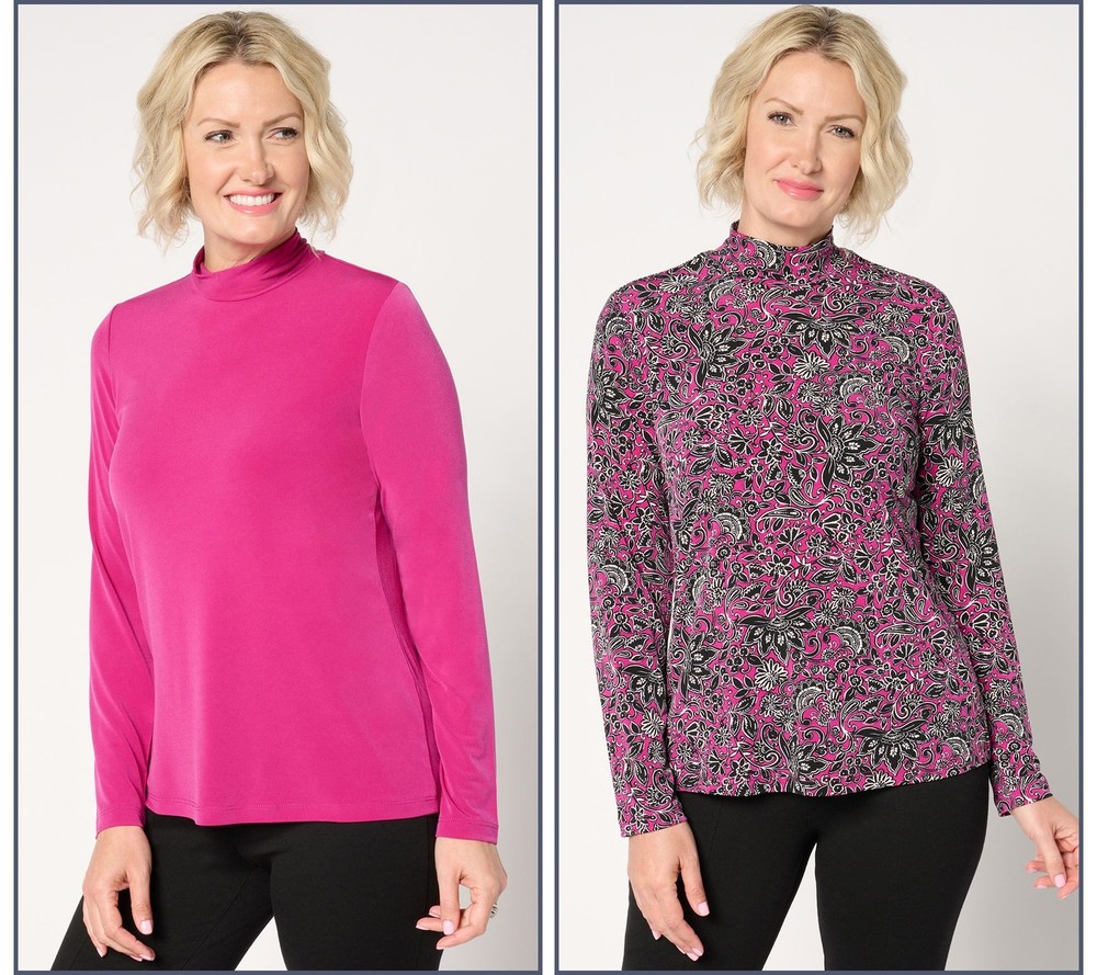 Susan Graver Women's Top Plus Sz 1X Print Solid Liquid Knit Mock-Neck Red