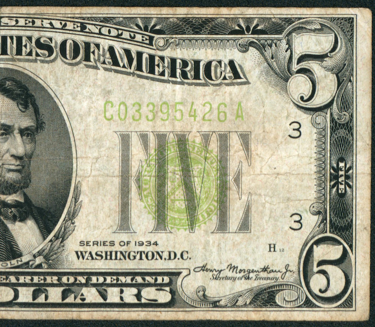 $5 1934 LGS LIME ((LIGHT GREEN SEAL)) Federal Reserve Note ** PAPER CURRENCY