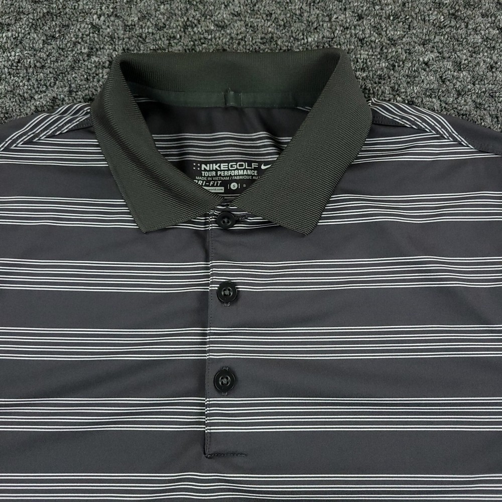 Nike Golf Polo Shirt Mens Small Gray Stripe Tour Performance Dri Fit Golf Swoosh