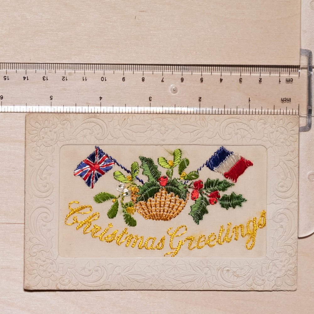 Antique WWI Embroidered Silk Postcard Christmas Greetings Flags France 1914-1918