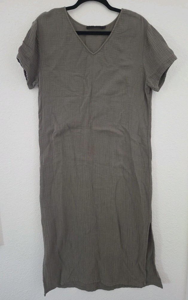 Womens Jenni Kayne  Cotton Olive Green Short Sleeve Dress With Slit Sz S