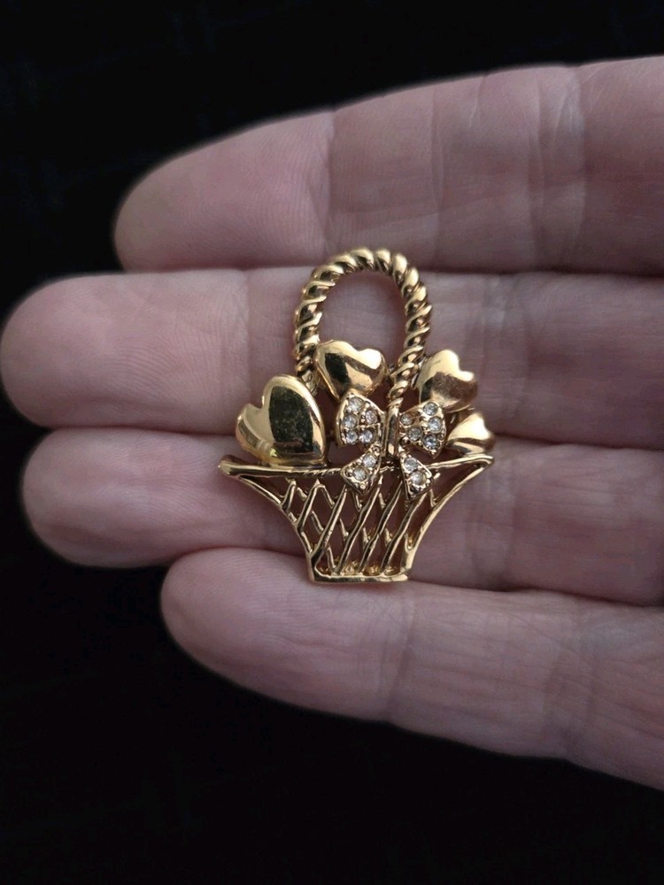 Vintage Flower Basket Brooch Pin Rhinestone Heart & Bow Gold Tone