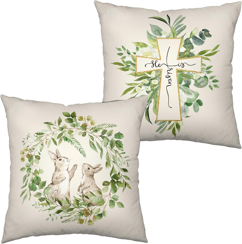 He Is Risen 18x18 Easter Cross Bunny Rabbit Throw Pillow Covers Set of 2