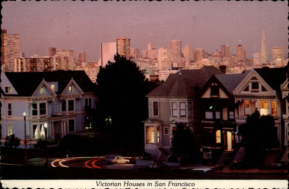 California San Francisco Victorian Houses at dusk skyline ~ 1984 postcard