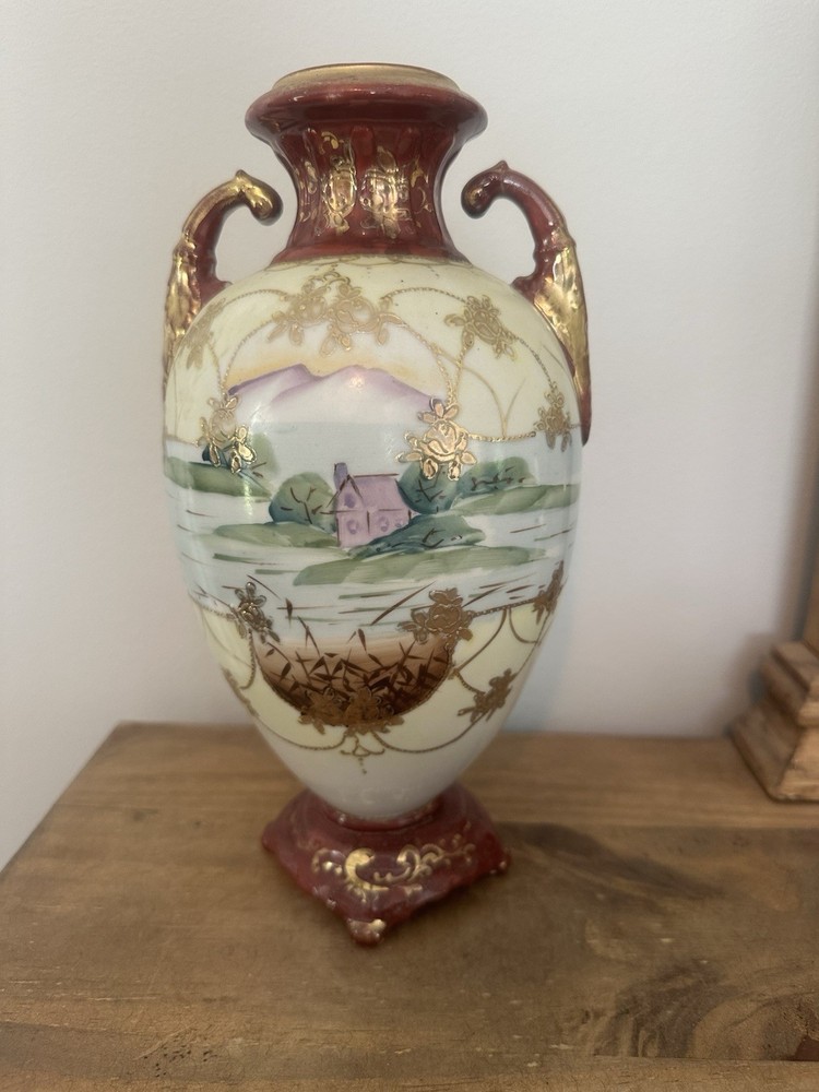 Vintage Hand Painted Double Handle Ceramic Urn Vase Made In Japan 10.5”T