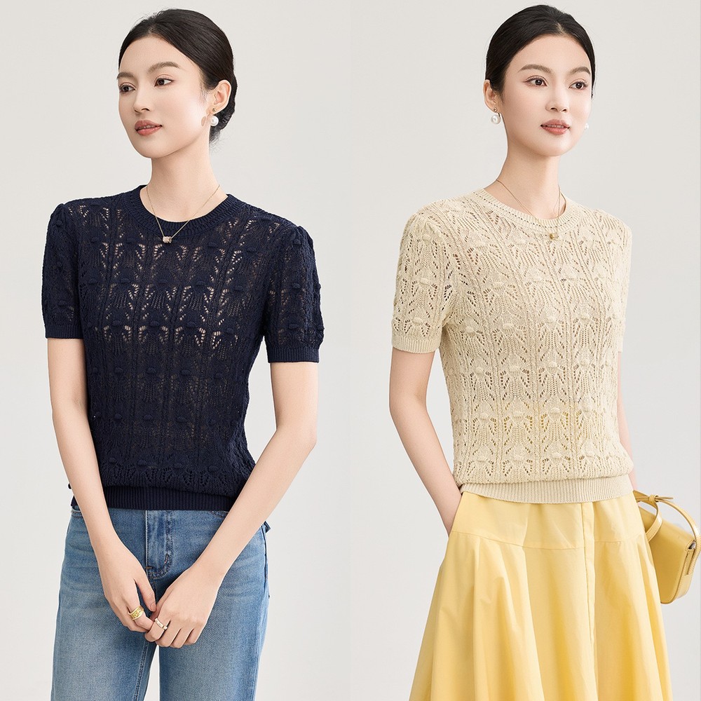 Summer Womens Hollow Out Knit Cotton Round Neck Short Sleeve Slim Fit Top Blouse