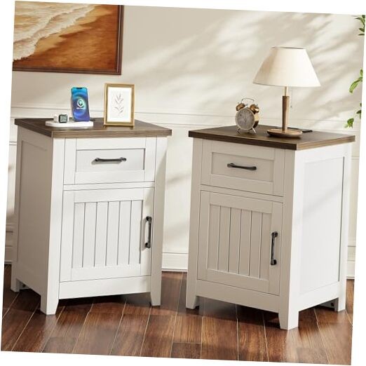 Farmhouse Nightstand with Charging Station, Set of 2 Pack Pure White + Walnut