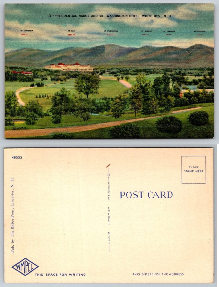Vintage Linen Postcard - Mt Washington Hotel Presidential Range NH White Mts