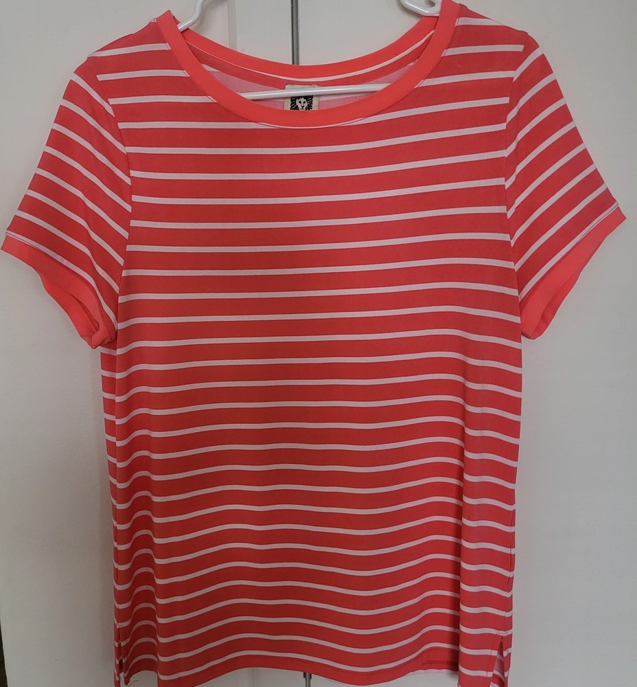 Anne Klein Coral  White Pinstripe Top Women's Size M Short Sleeve