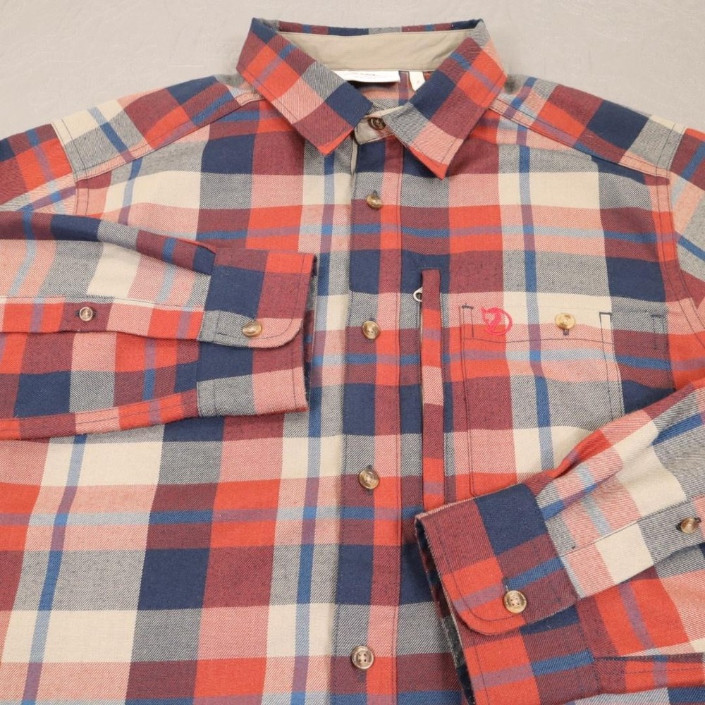 Fjallraven Fjallglim Flannel Shirt Mens Medium Blue Plaid Long Sleeve Outdoor