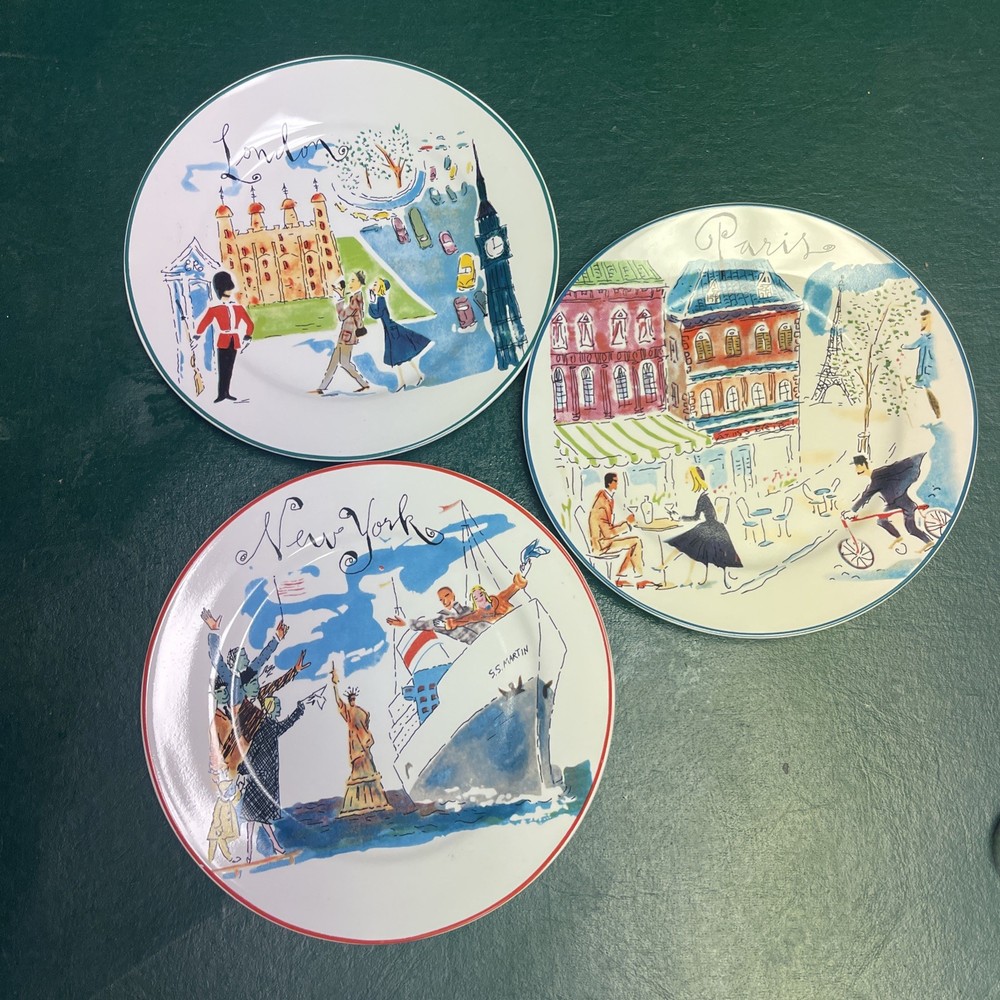 3 Rosanna Bon Voyage Vintage 8” Dessert Plate London -New York - Paris