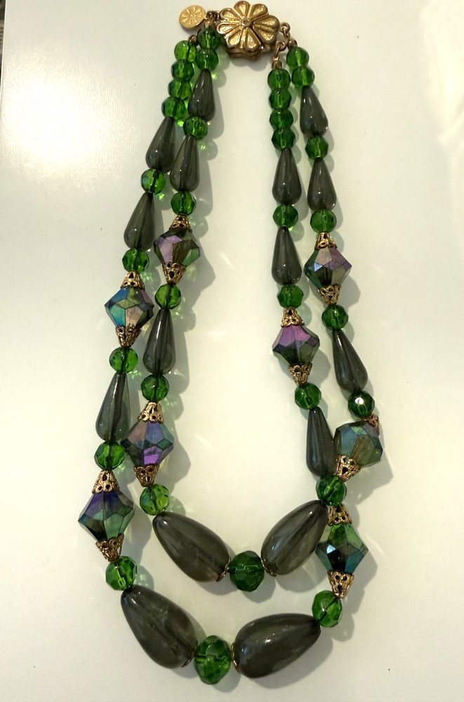 Vintage Multi-strand Beaded Costume Neckace Green and Purple Choker Style