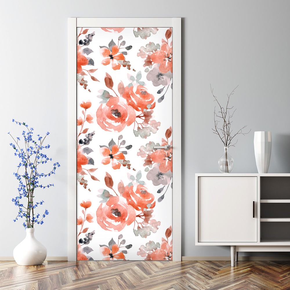 Orange Vintage Flowers Bubble Free Retro floral art Repositionable Door Decal