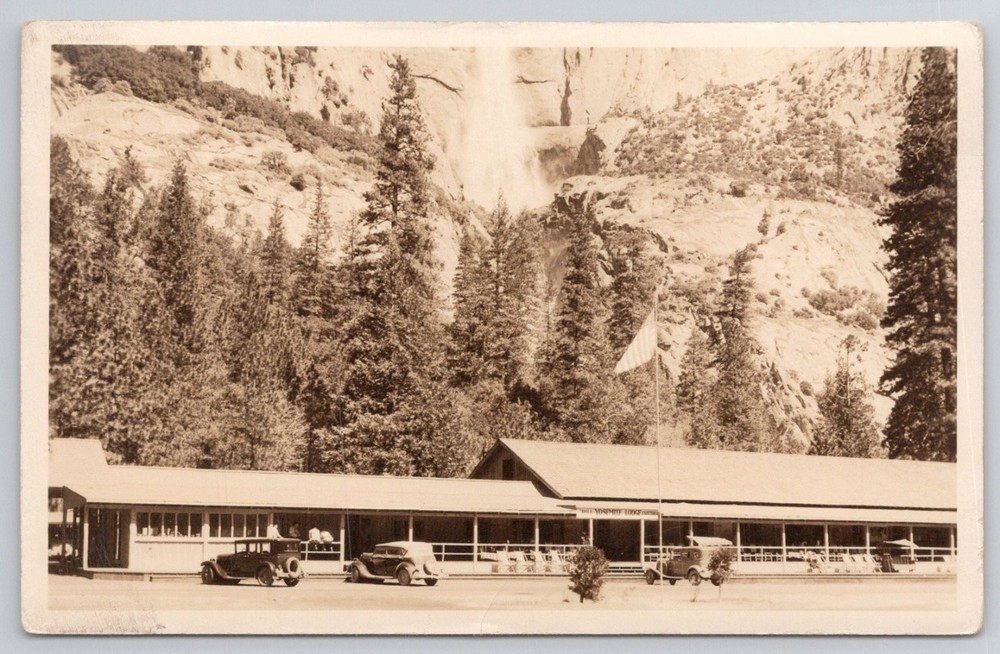 Yosemite Lodge & Falls RPPC Vintage Postcard 1930s Cars California