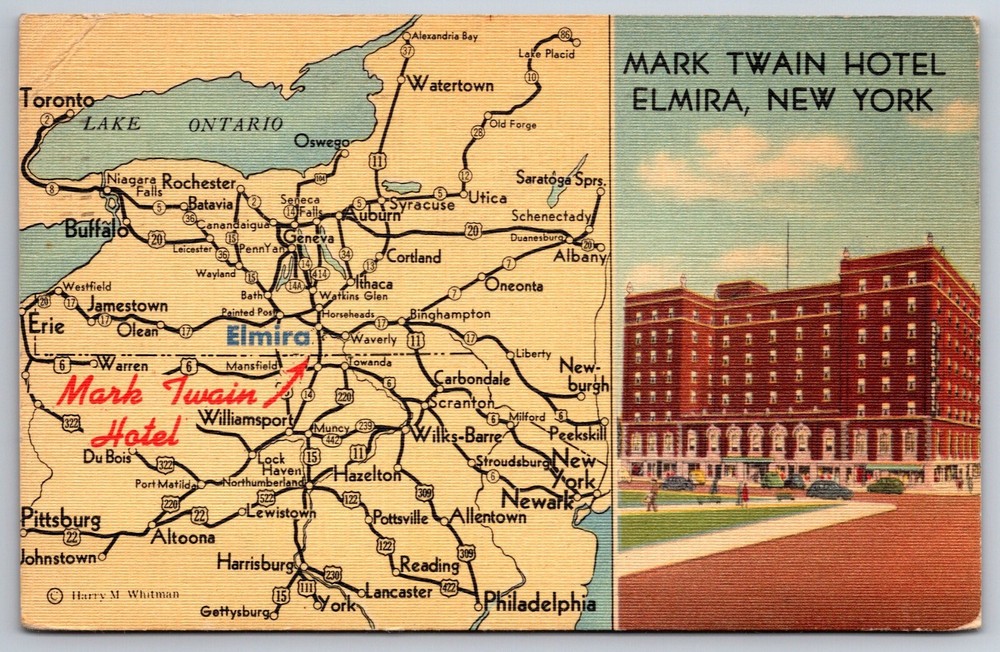 Elmira New York~Mark Twain Hotel Street View~PM 1947~Vintage Linen Postcard