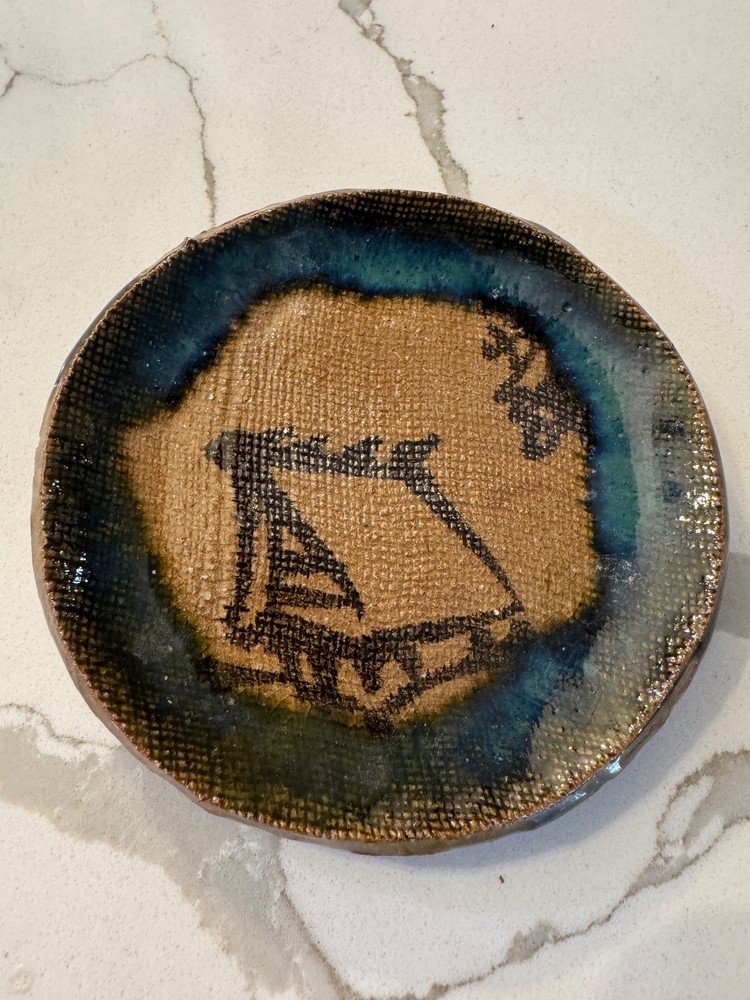 Vintage Japanese Studio Art Stoneware Pottery Dish with Abstract Design 4 1/8