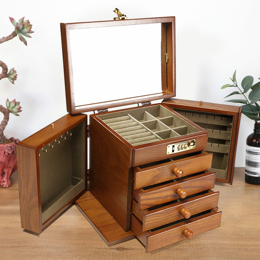 5 Layers Vintage Large Jewelry Organizer Wooden Storage Box Case with 4 Drawers
